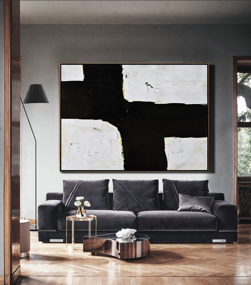 Large Wall Canvas,Horizontal Palette Knife Minimal Canvas Art Painting Black White Beige - Original Abstract Painting Canvas Art